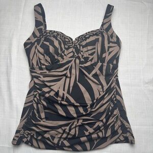 MIRACLESUIT Arianna Tankini Crisscross Ruched Swim Top Black/Taupe Brown size 10
